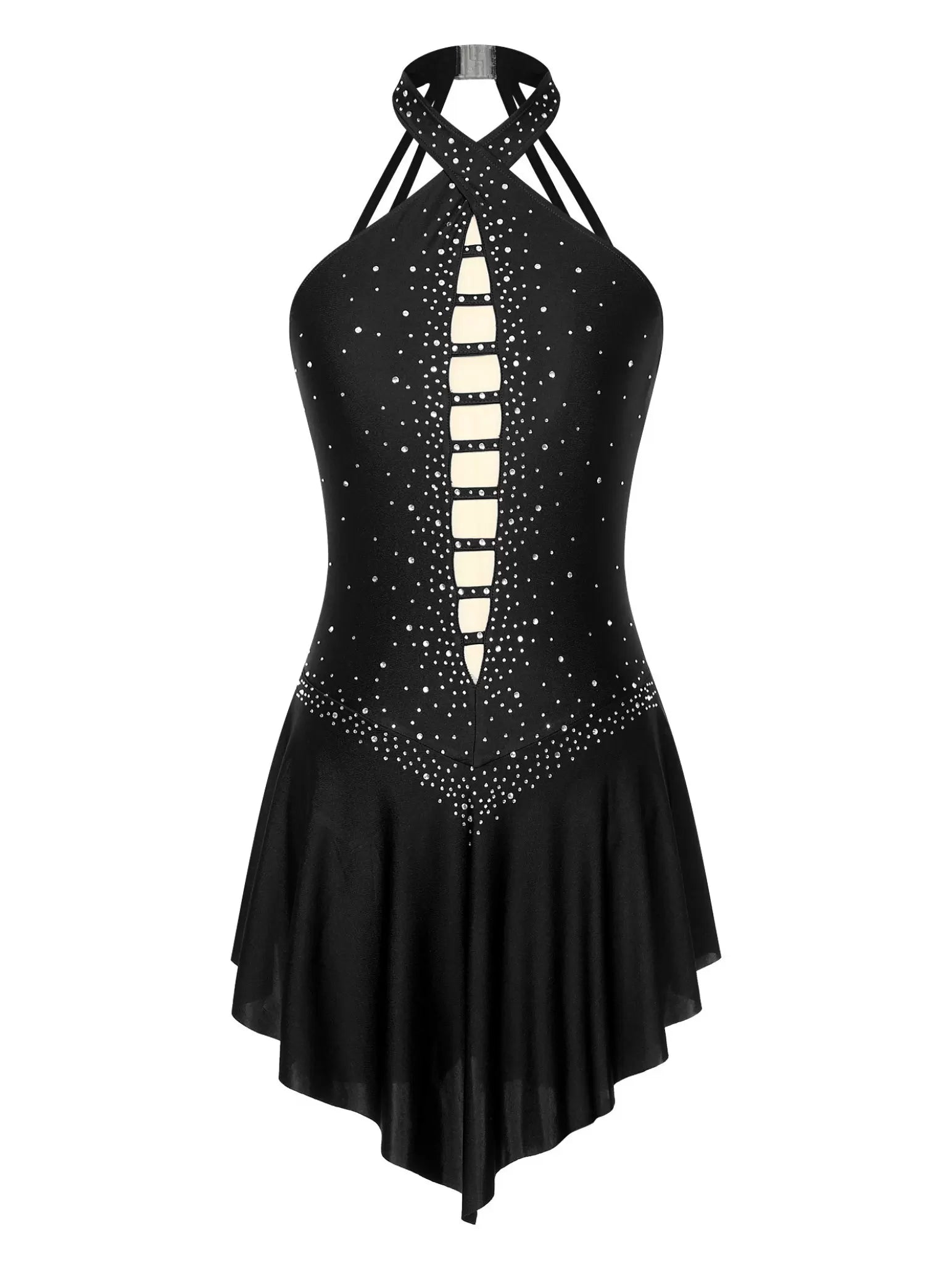 Women Halter Neck Sleeveless Rhinestones Figure Skating Leotard Dress