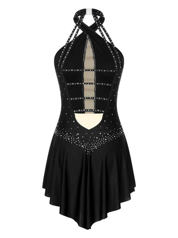 Women Halter Neck Sleeveless Rhinestones Figure Skating Leotard Dress