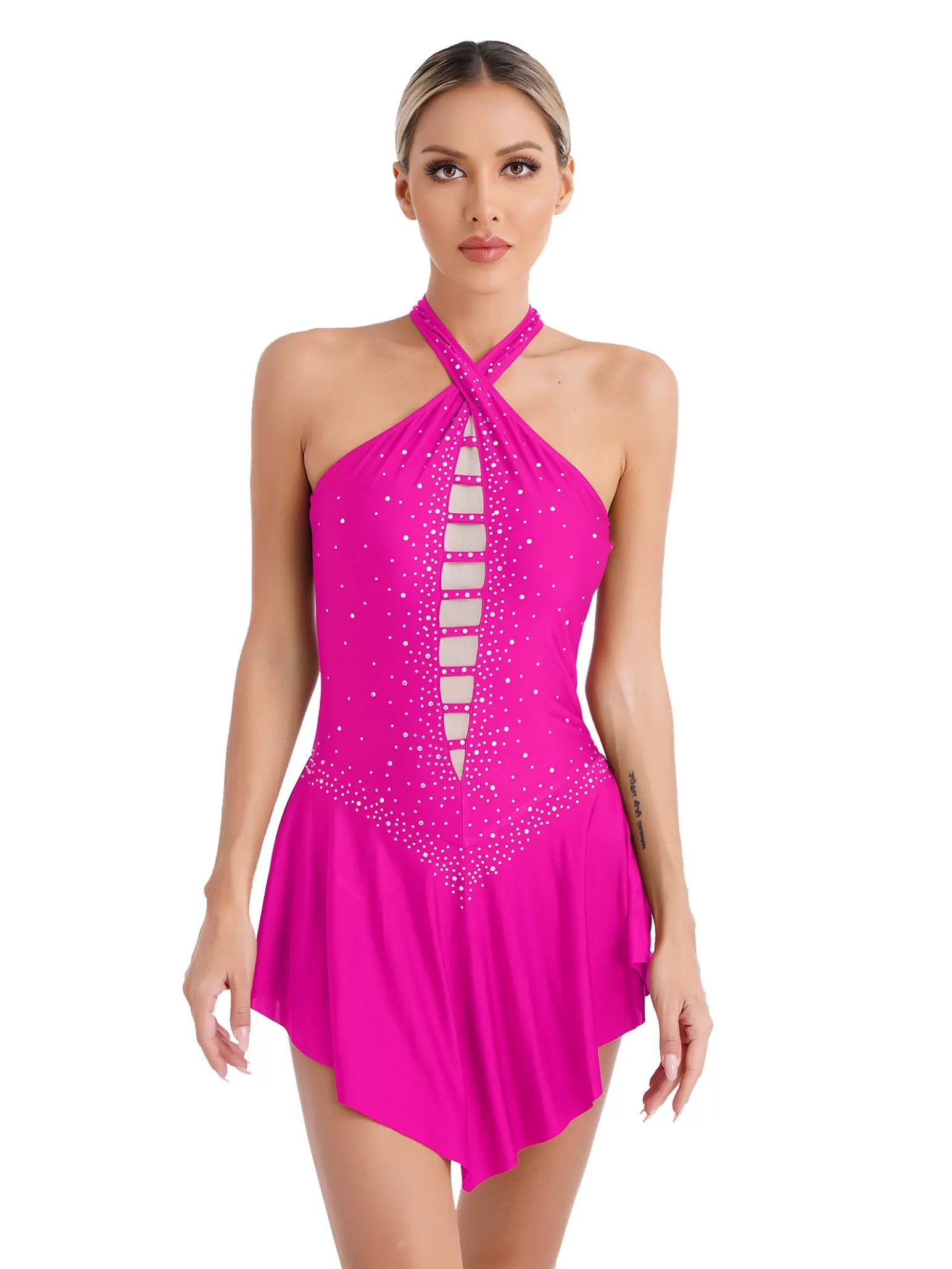 Women Halter Neck Sleeveless Rhinestones Figure Skating Leotard Dress