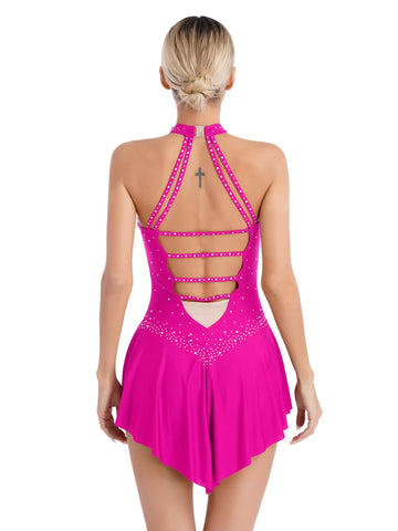 Women Halter Neck Sleeveless Rhinestones Figure Skating Leotard Dress