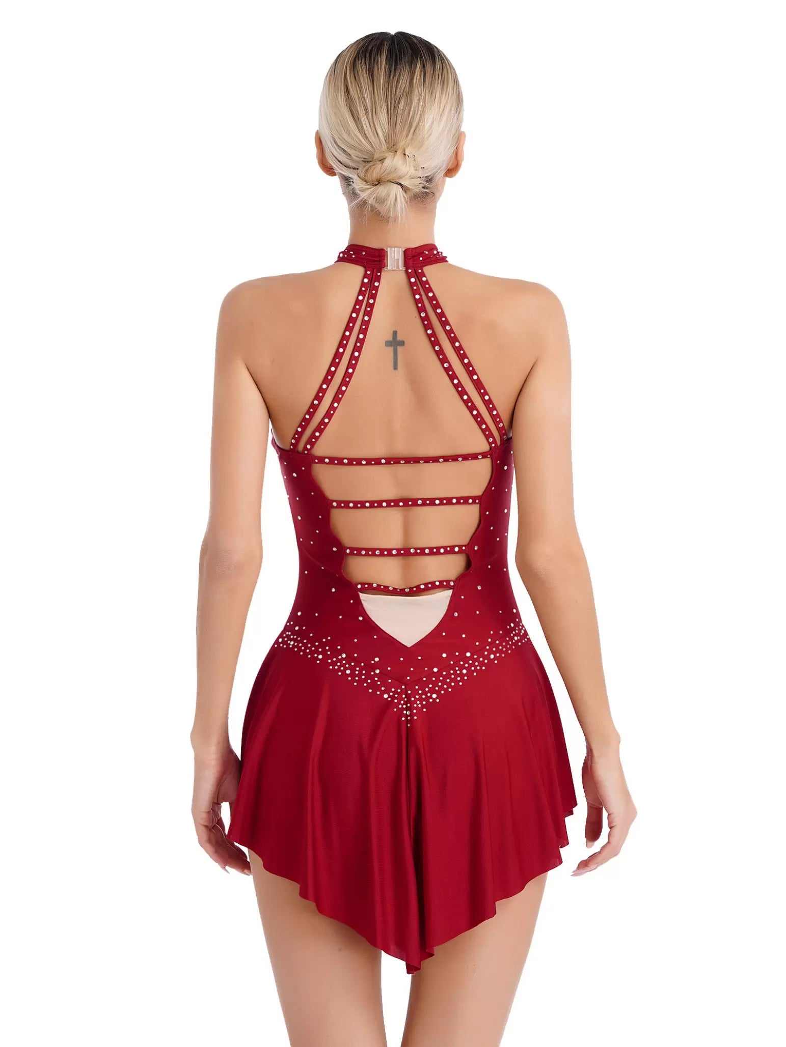 Women Halter Neck Sleeveless Rhinestones Figure Skating Leotard Dress