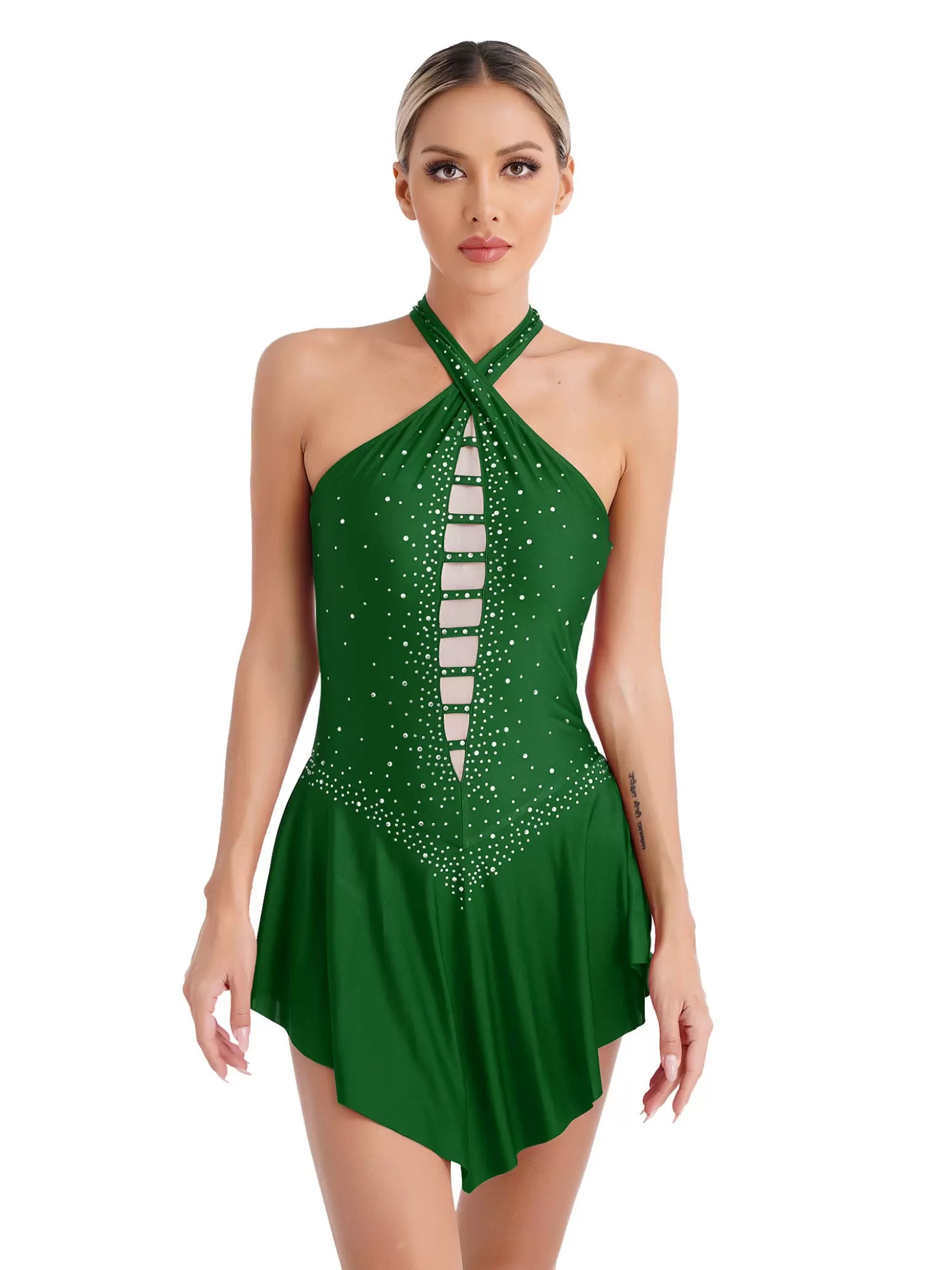 Women Halter Neck Sleeveless Rhinestones Figure Skating Leotard Dress