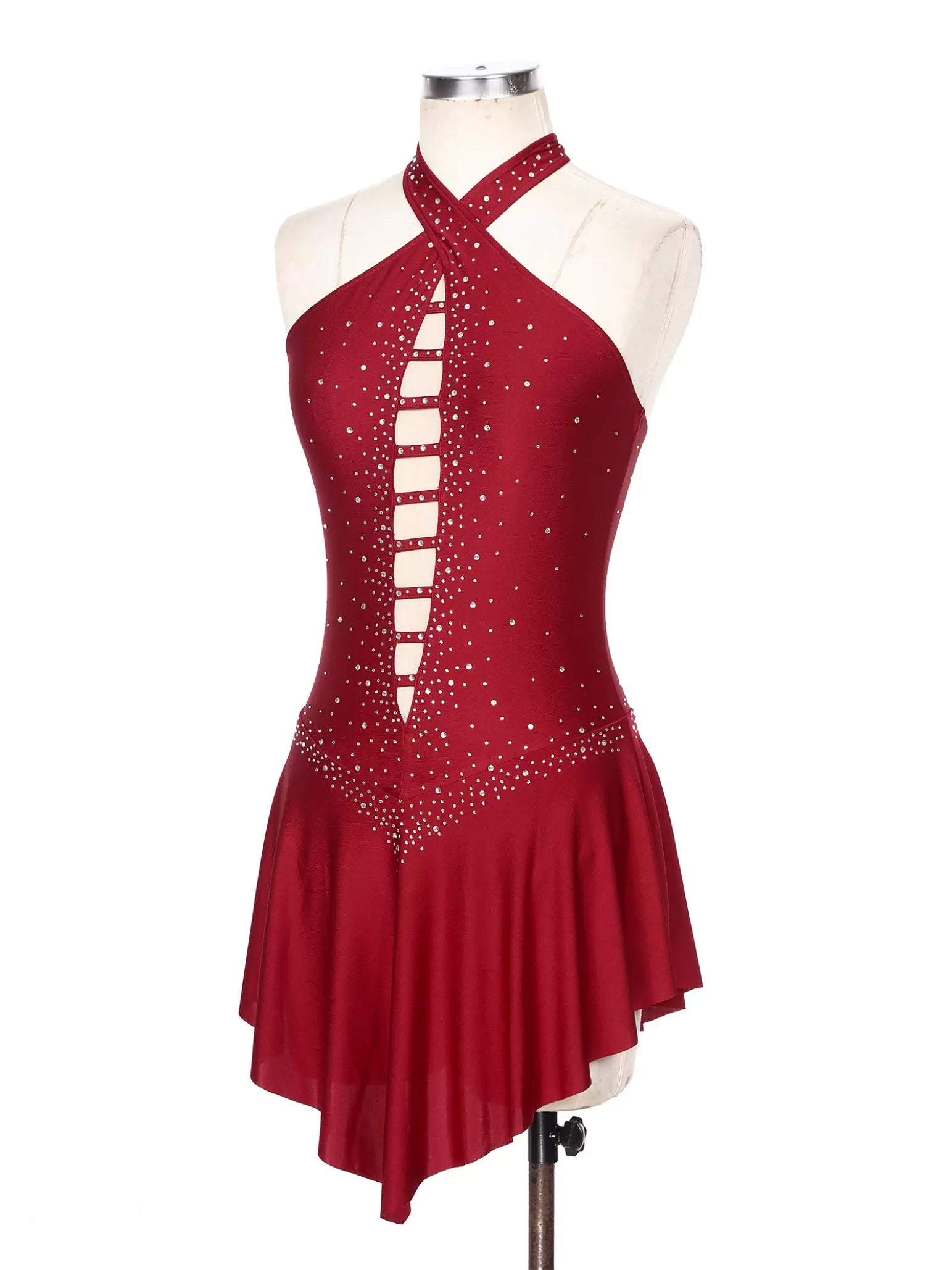 Women Halter Neck Sleeveless Rhinestones Figure Skating Leotard Dress