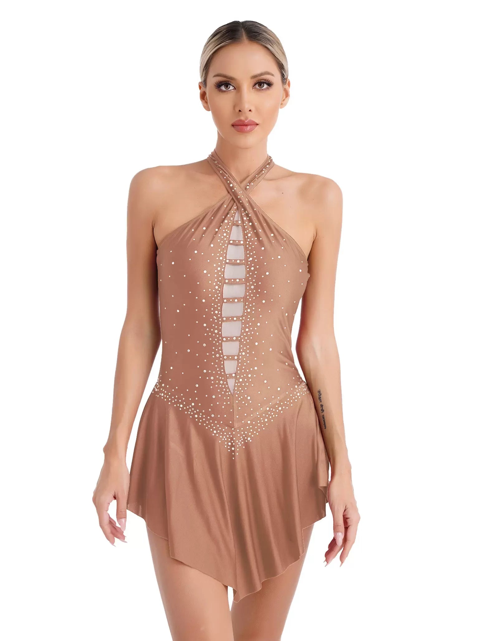 Women Halter Neck Sleeveless Rhinestones Figure Skating Leotard Dress