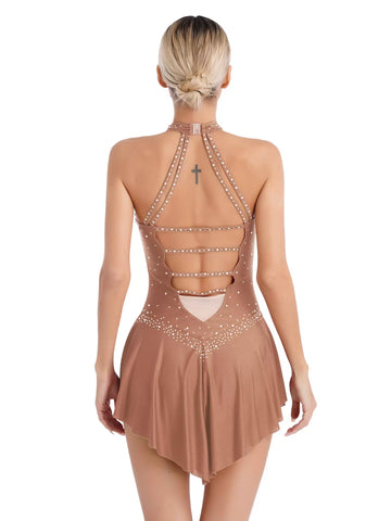 Women Halter Neck Sleeveless Rhinestones Figure Skating Leotard Dress