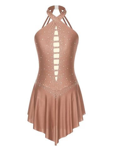 Women Halter Neck Sleeveless Rhinestones Figure Skating Leotard Dress