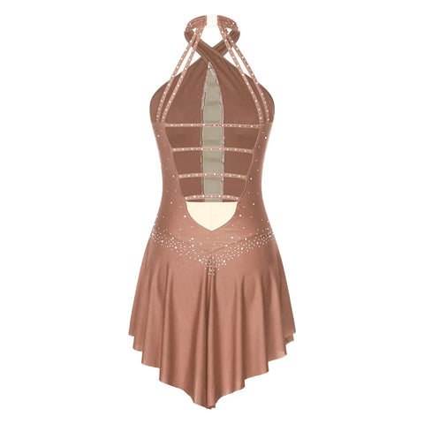 Women Halter Neck Sleeveless Rhinestones Figure Skating Leotard Dress