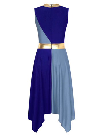 Women Sleeveless Metallic Colorblock Asymmetrical Worship Dance Dress