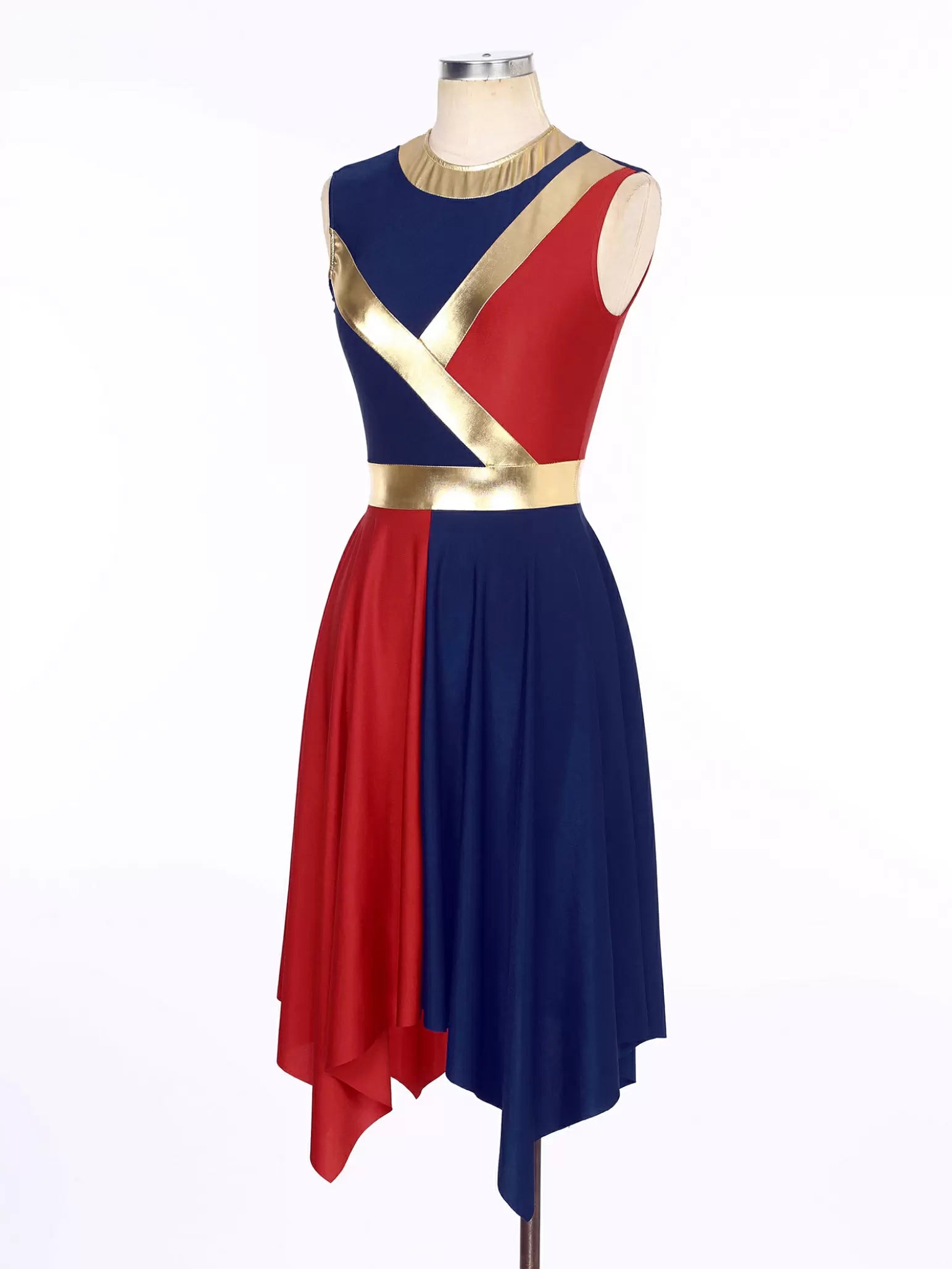 Women Sleeveless Metallic Colorblock Asymmetrical Worship Dance Dress