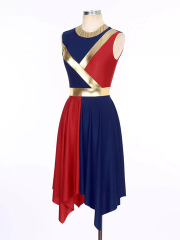 Women Sleeveless Metallic Colorblock Asymmetrical Worship Dance Dress