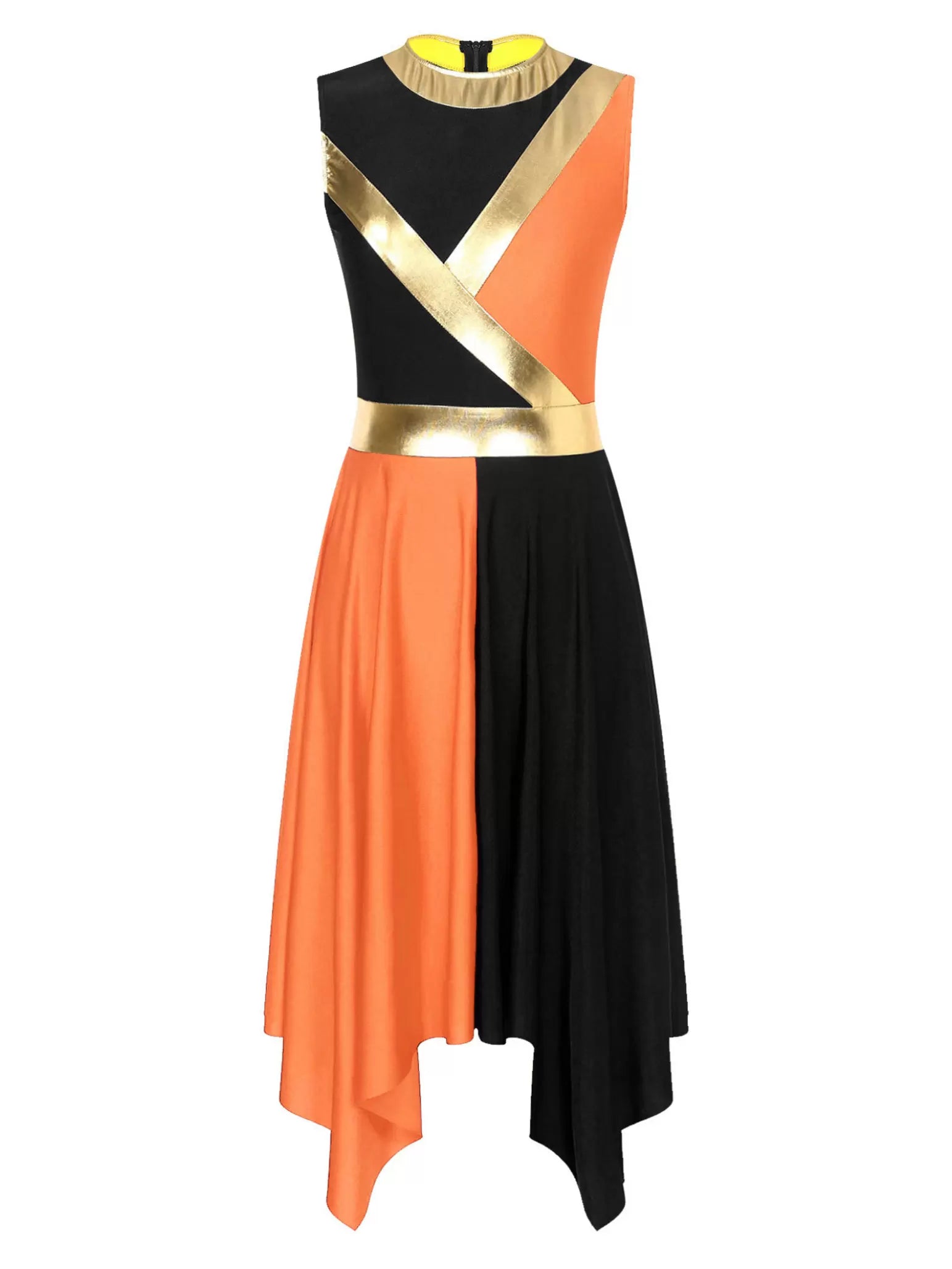 Women Sleeveless Metallic Colorblock Asymmetrical Worship Dance Dress