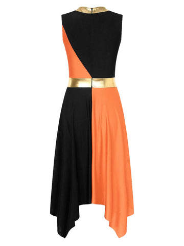 Women Sleeveless Metallic Colorblock Asymmetrical Worship Dance Dress