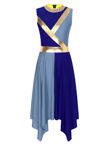 Women Sleeveless Metallic Colorblock Asymmetrical Worship Dance Dress