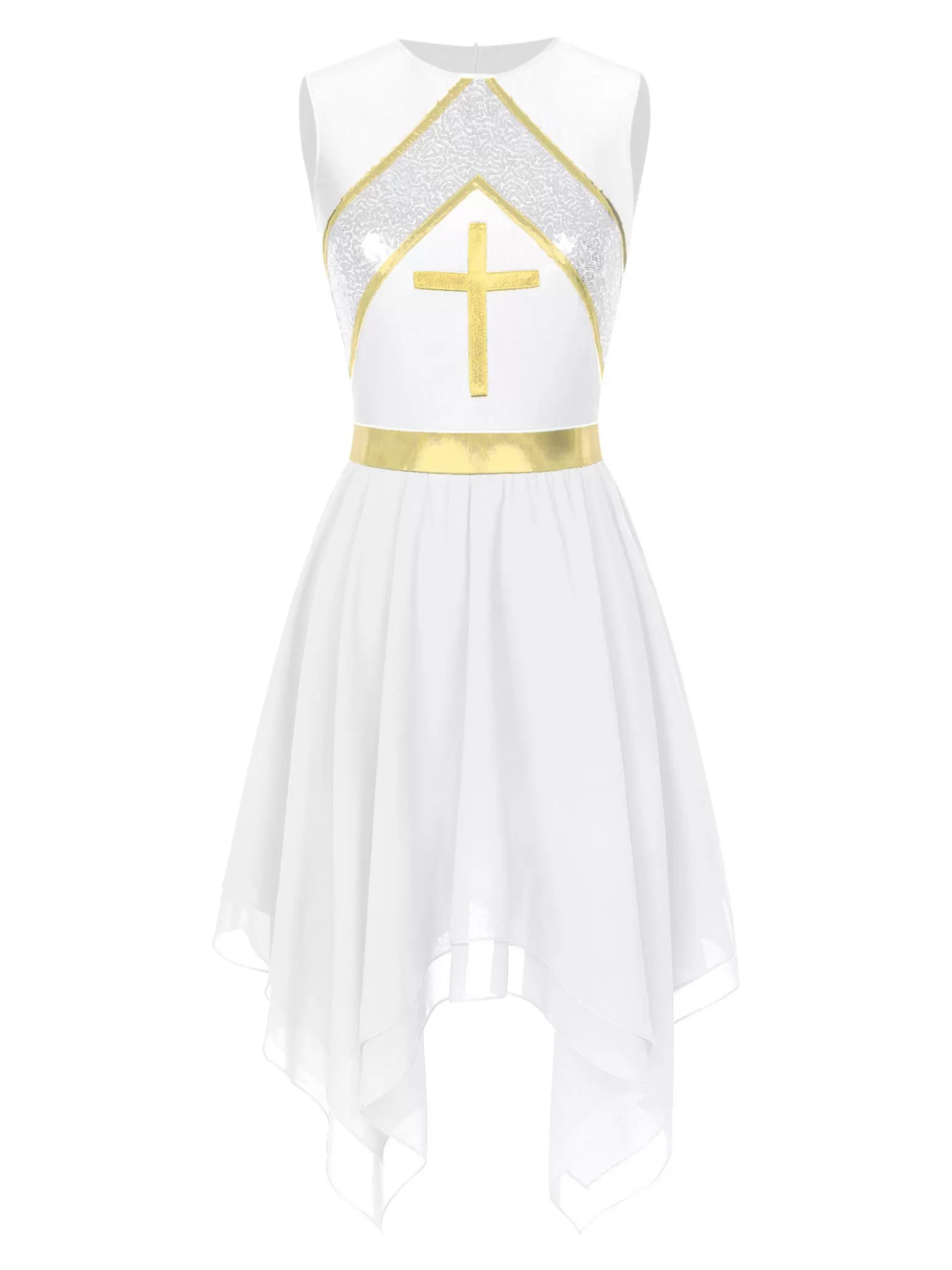 Women Sleeveless Sequins Cross Print Chiffon Worship Dance Dress