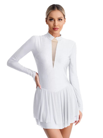 Women Mock Neck Mesh Long Sleeve Rhinestones Figure Skating Dress