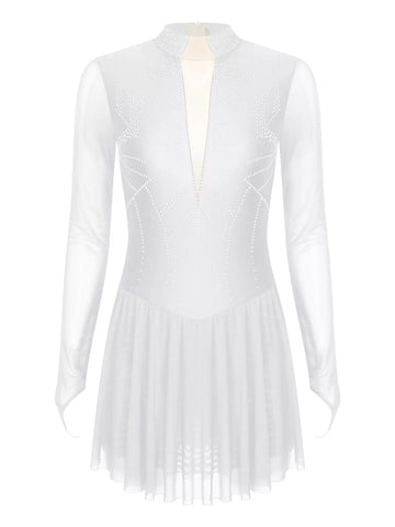 Women Mock Neck Mesh Long Sleeve Rhinestones Figure Skating Dress