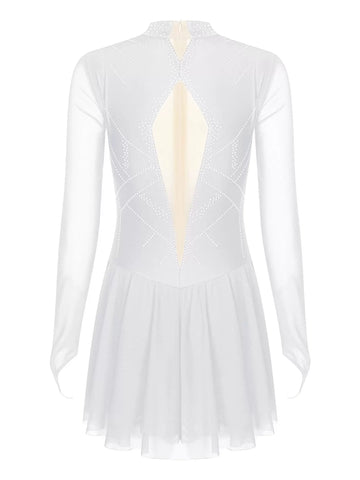 Women Mock Neck Mesh Long Sleeve Rhinestones Figure Skating Dress