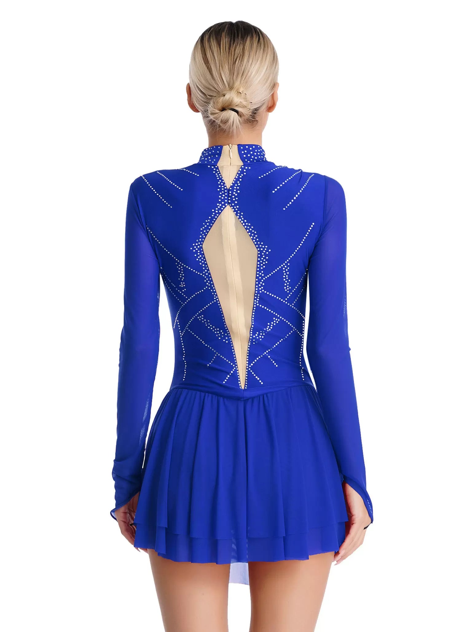 Women Mock Neck Mesh Long Sleeve Rhinestones Figure Skating Dress