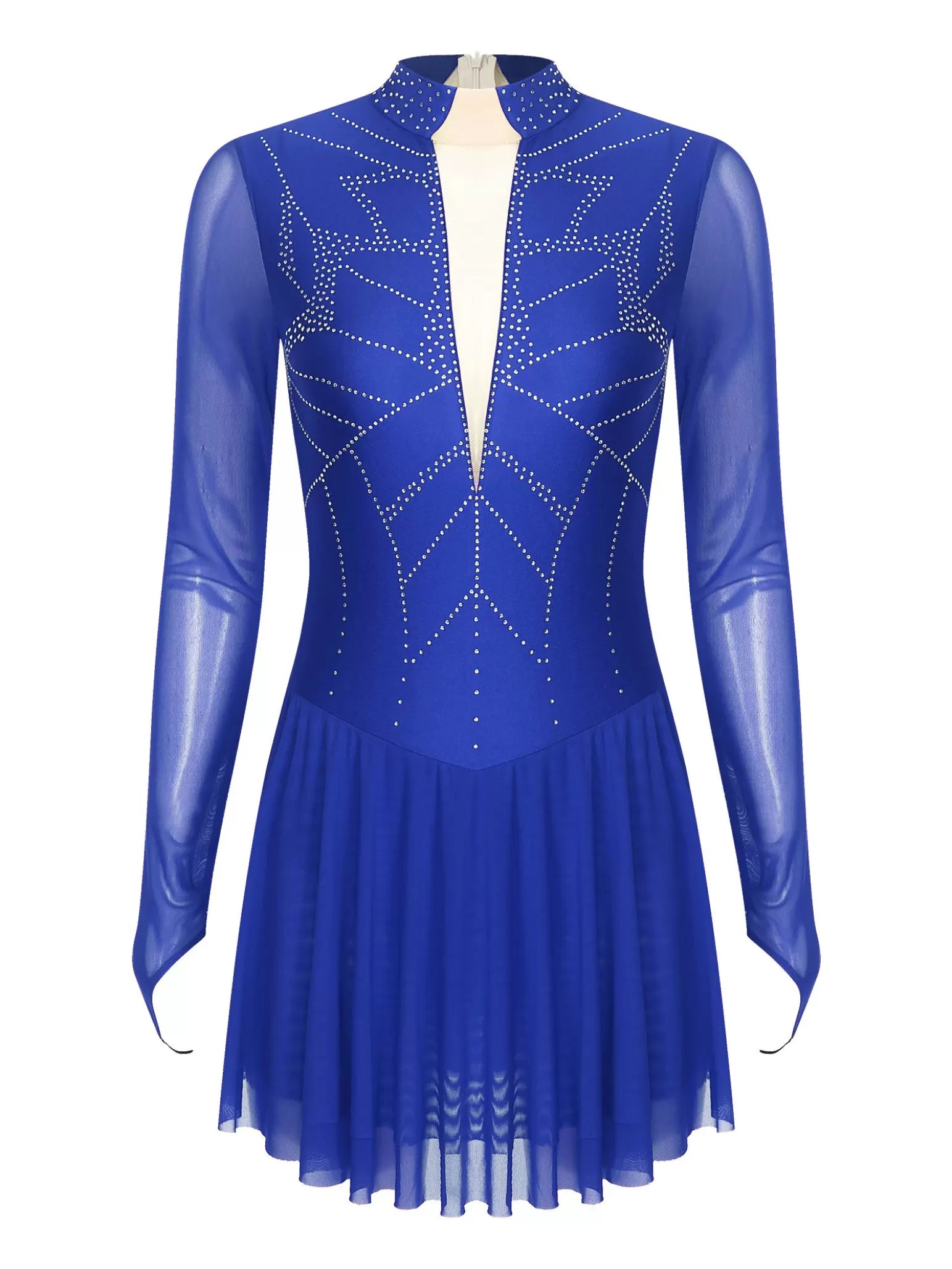 Women Mock Neck Mesh Long Sleeve Rhinestones Figure Skating Dress