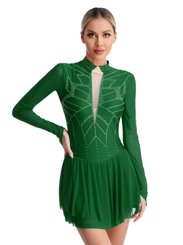 Women Mock Neck Mesh Long Sleeve Rhinestones Figure Skating Dress