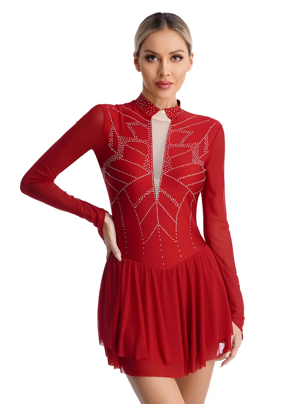 Women Mock Neck Mesh Long Sleeve Rhinestones Figure Skating Dress