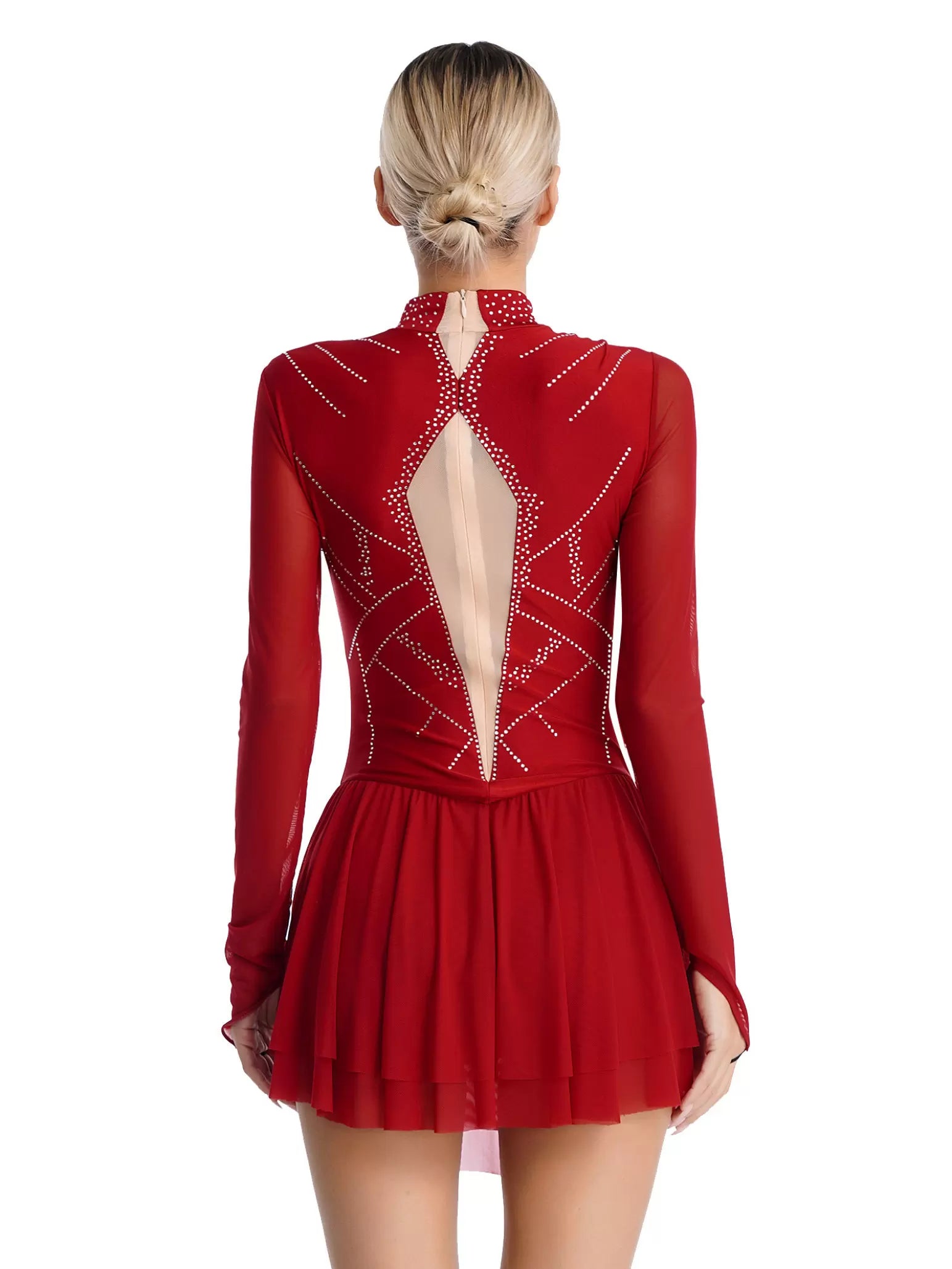 Women Mock Neck Mesh Long Sleeve Rhinestones Figure Skating Dress