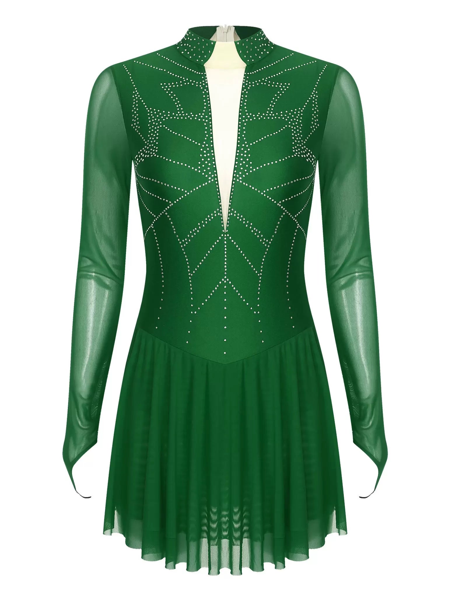 Women Mock Neck Mesh Long Sleeve Rhinestones Figure Skating Dress