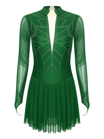 Women Mock Neck Mesh Long Sleeve Rhinestones Figure Skating Dress