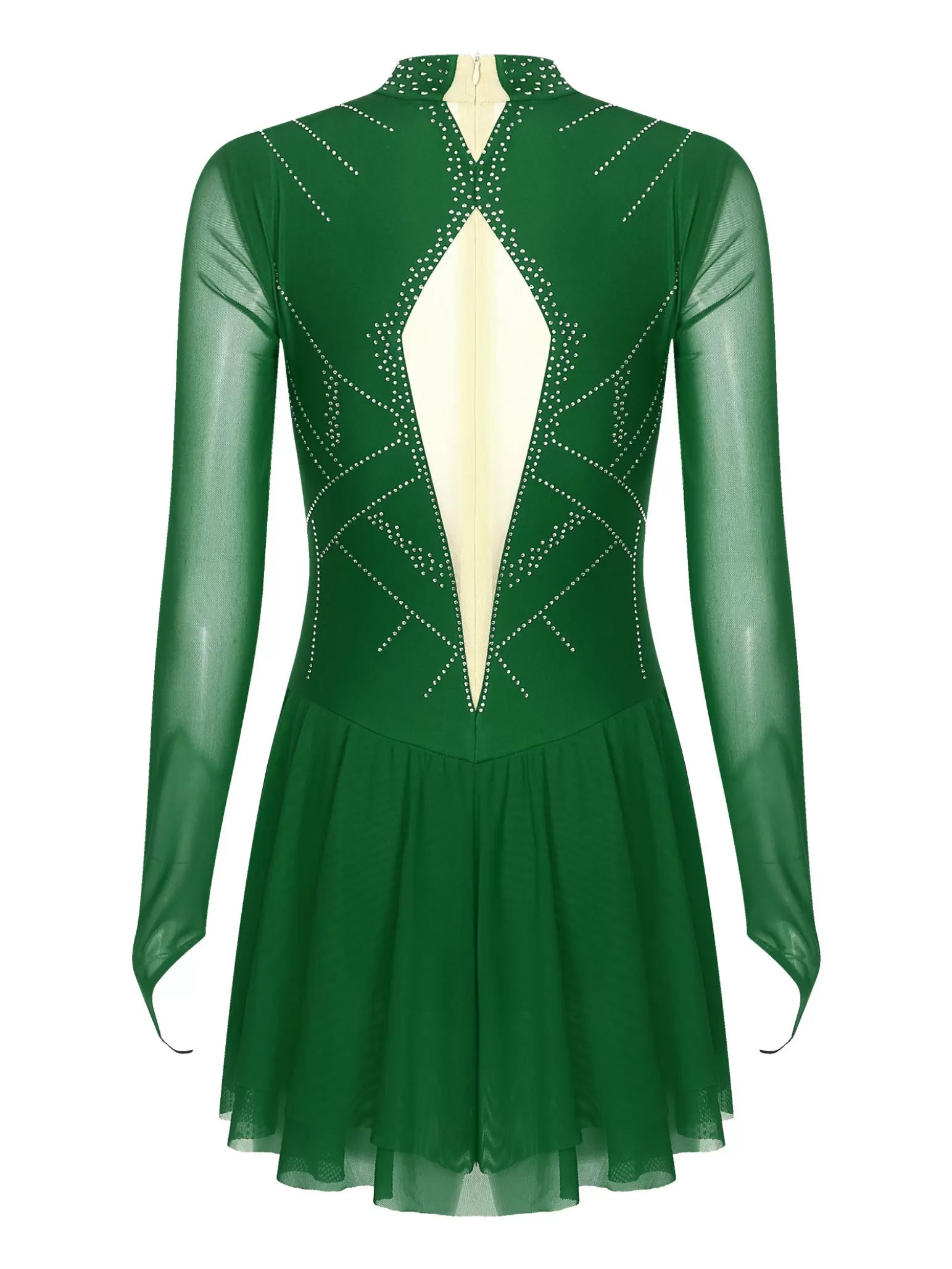 Women Mock Neck Mesh Long Sleeve Rhinestones Figure Skating Dress