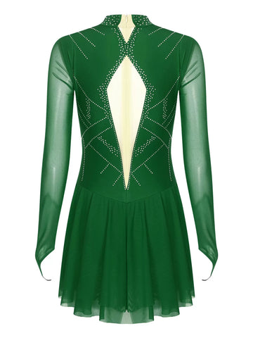 Women Mock Neck Mesh Long Sleeve Rhinestones Figure Skating Dress