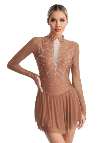 Women Mock Neck Mesh Long Sleeve Rhinestones Figure Skating Dress