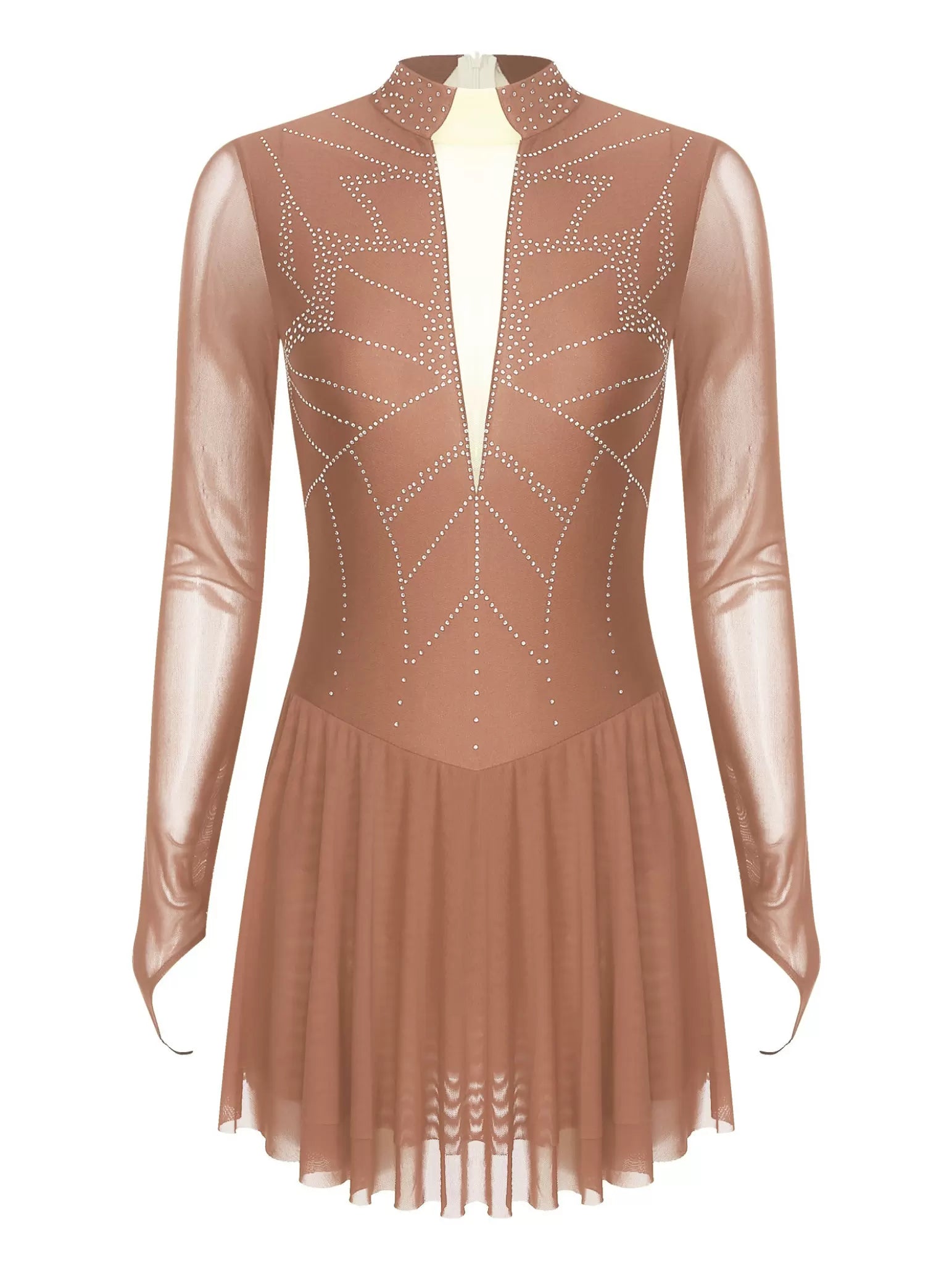 Women Mock Neck Mesh Long Sleeve Rhinestones Figure Skating Dress