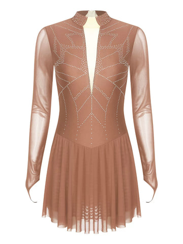 Women Mock Neck Mesh Long Sleeve Rhinestones Figure Skating Dress