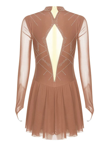 Women Mock Neck Mesh Long Sleeve Rhinestones Figure Skating Dress