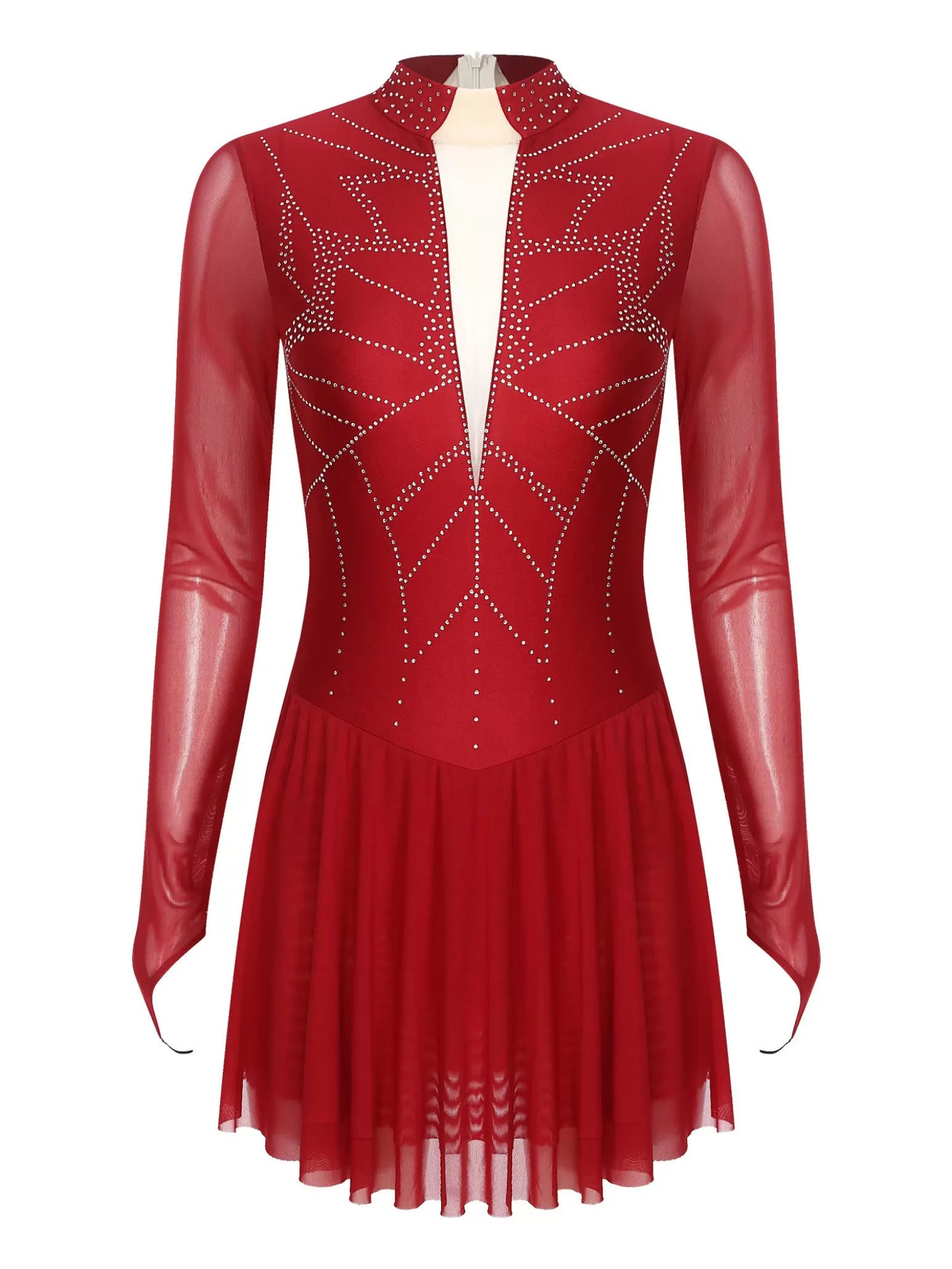 Women Mock Neck Mesh Long Sleeve Rhinestones Figure Skating Dress