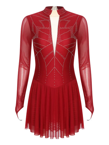 Women Mock Neck Mesh Long Sleeve Rhinestones Figure Skating Dress