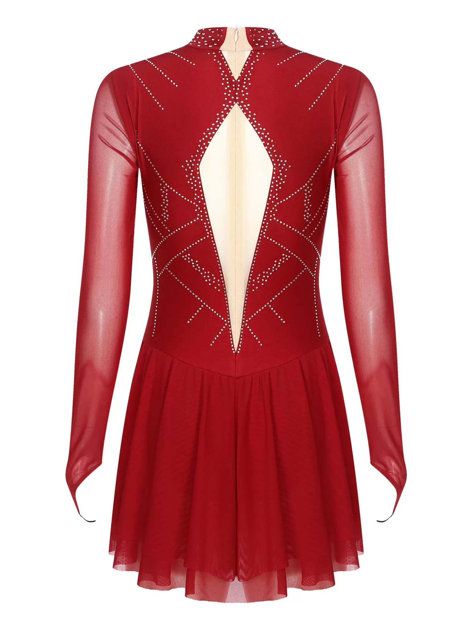 Women Mock Neck Mesh Long Sleeve Rhinestones Figure Skating Dress