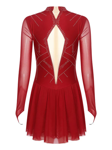 Women Mock Neck Mesh Long Sleeve Rhinestones Figure Skating Dress