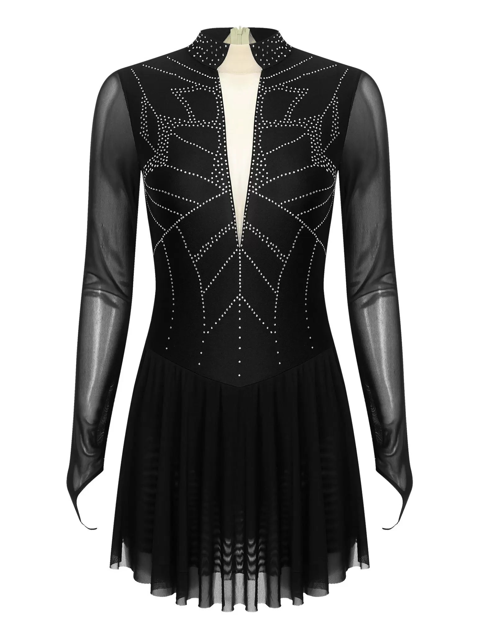 Women Mock Neck Mesh Long Sleeve Rhinestones Figure Skating Dress