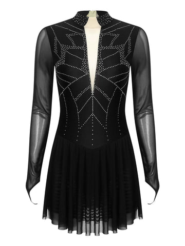 Women Mock Neck Mesh Long Sleeve Rhinestones Figure Skating Dress