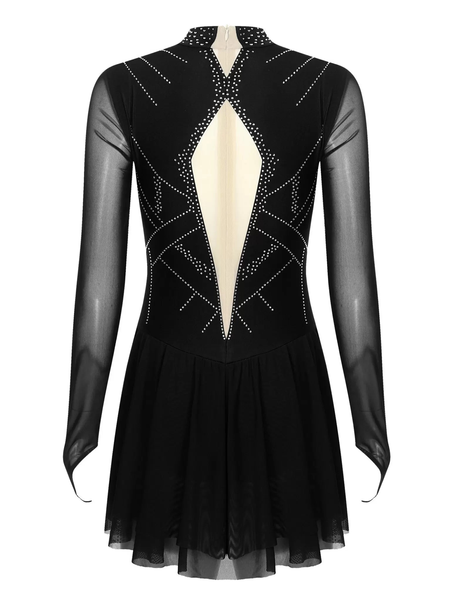 Women Mock Neck Mesh Long Sleeve Rhinestones Figure Skating Dress