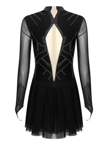 Women Mock Neck Mesh Long Sleeve Rhinestones Figure Skating Dress