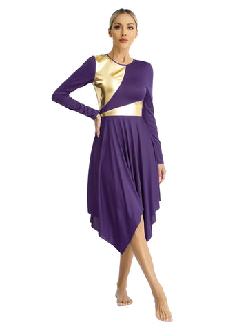 Women Long Sleeve Metallic Asymmetrical Worship Dance Dress