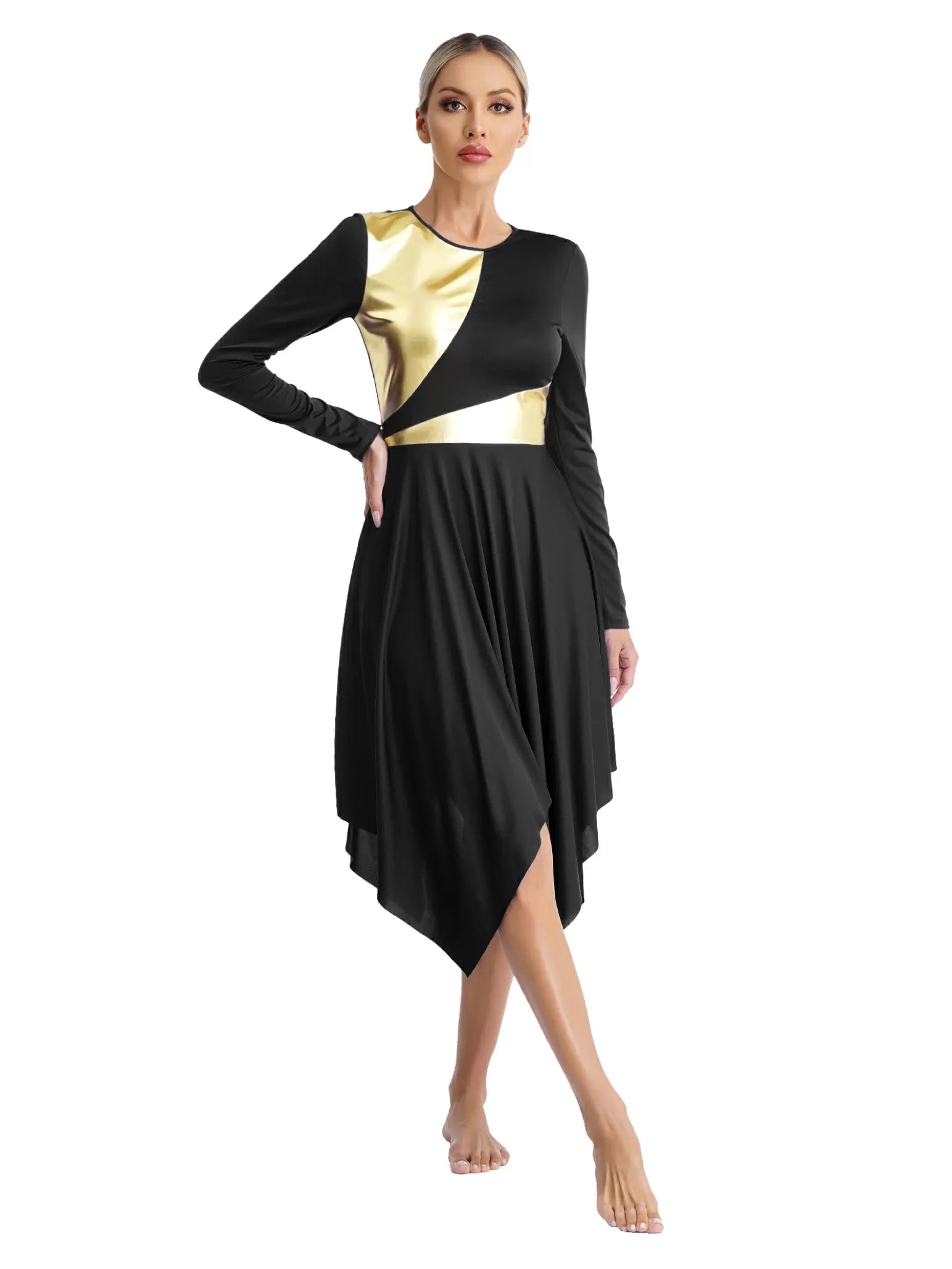 Women Long Sleeve Metallic Asymmetrical Worship Dance Dress