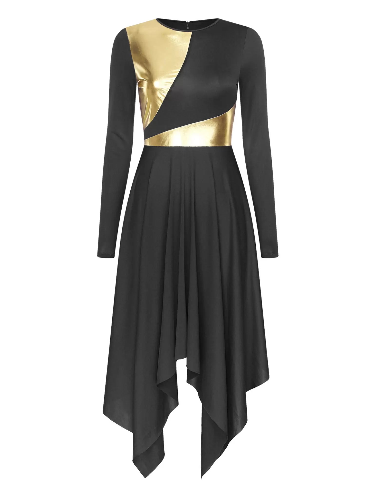 Women Long Sleeve Metallic Asymmetrical Worship Dance Dress