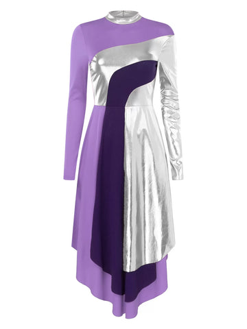 Women Mock Neck Long Sleeve Metallic Liturgical Worship Dance Dress