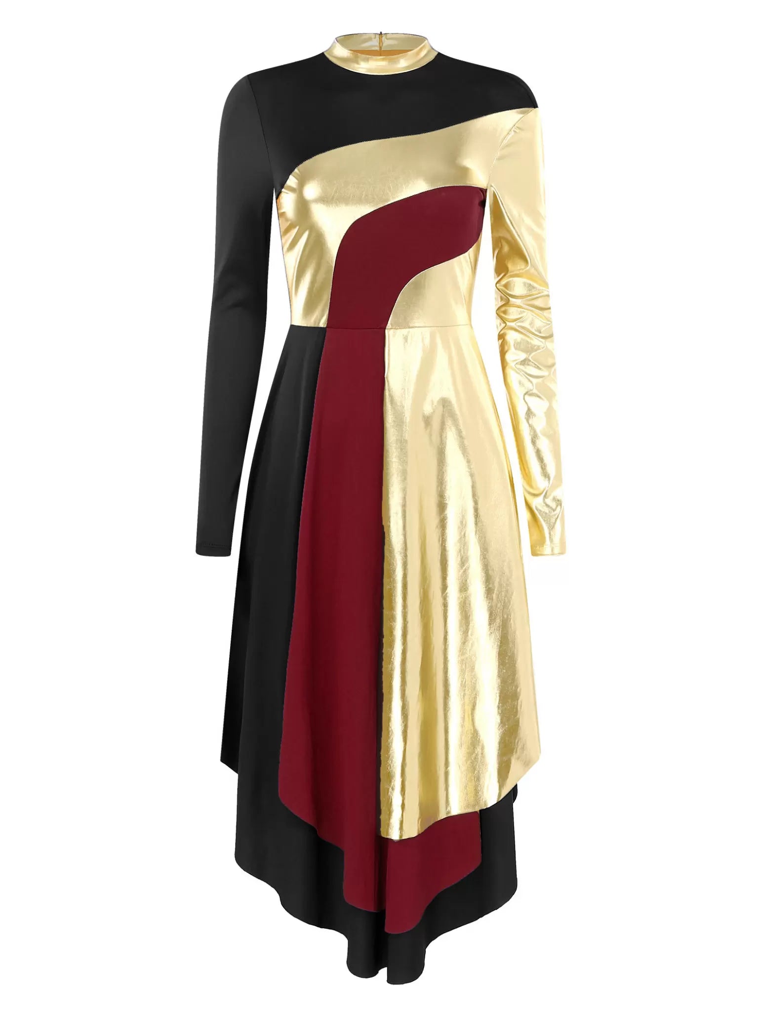 Women Mock Neck Long Sleeve Metallic Liturgical Worship Dance Dress