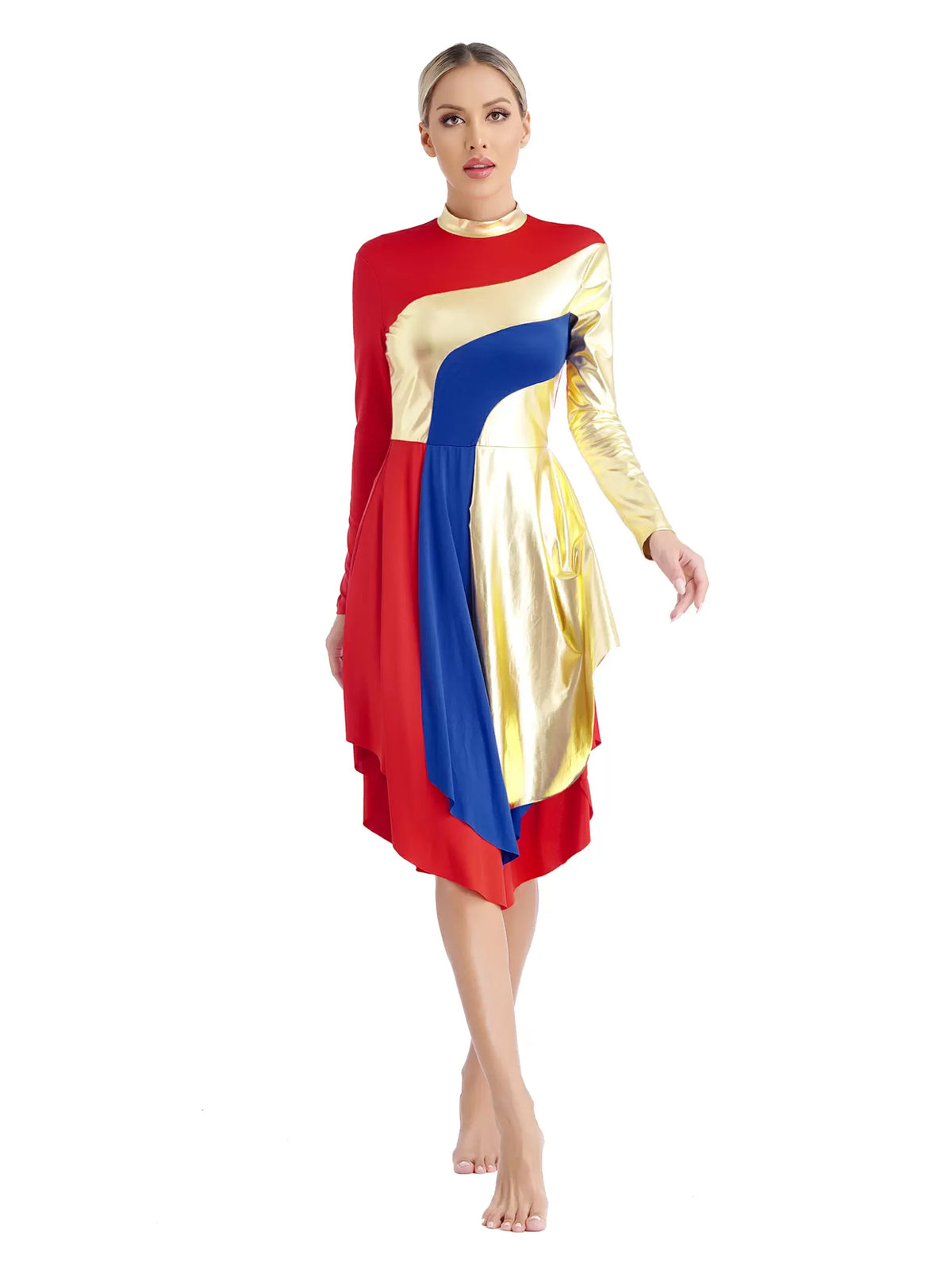 Women Mock Neck Long Sleeve Metallic Liturgical Worship Dance Dress