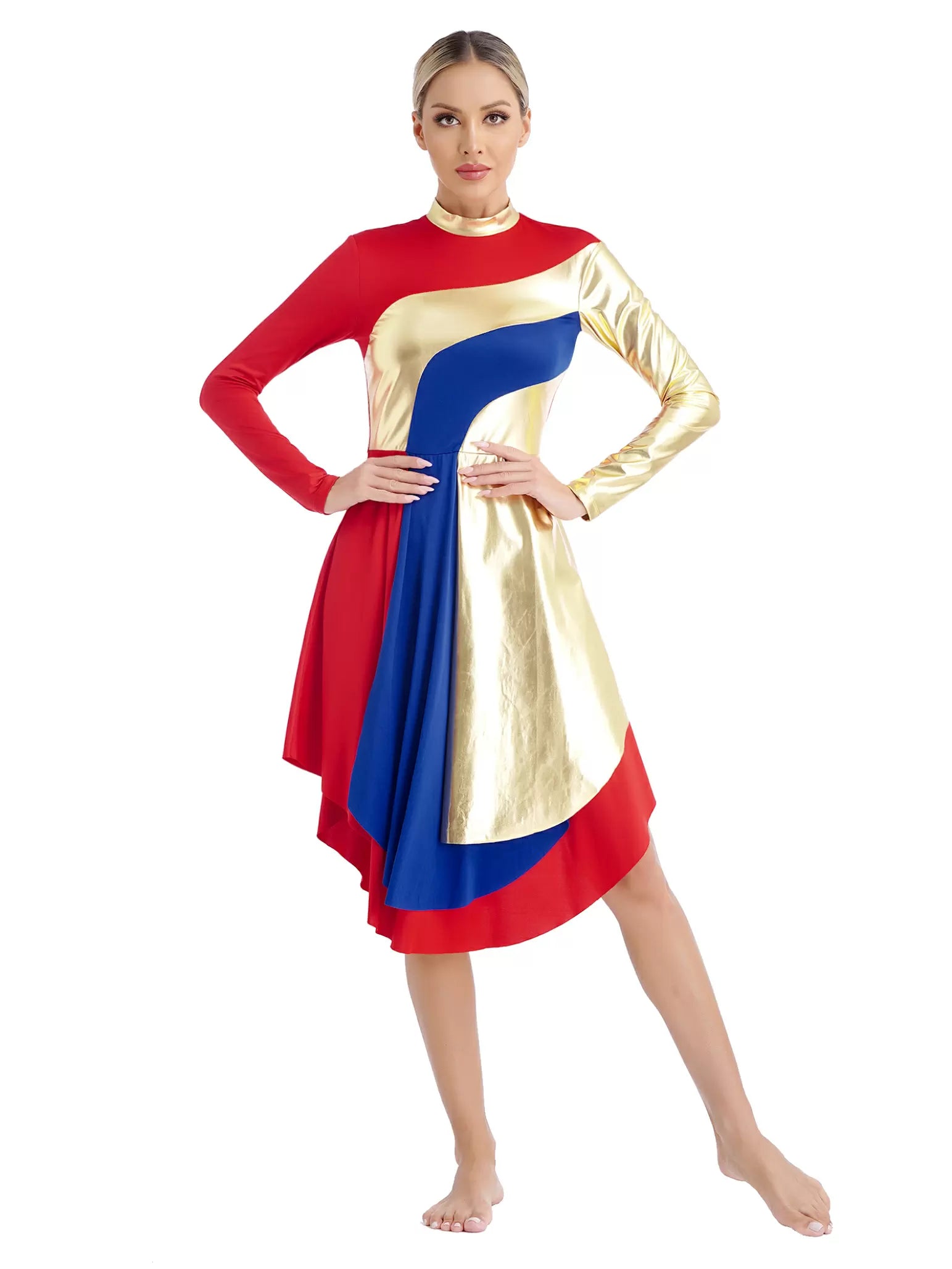 Women Mock Neck Long Sleeve Metallic Liturgical Worship Dance Dress