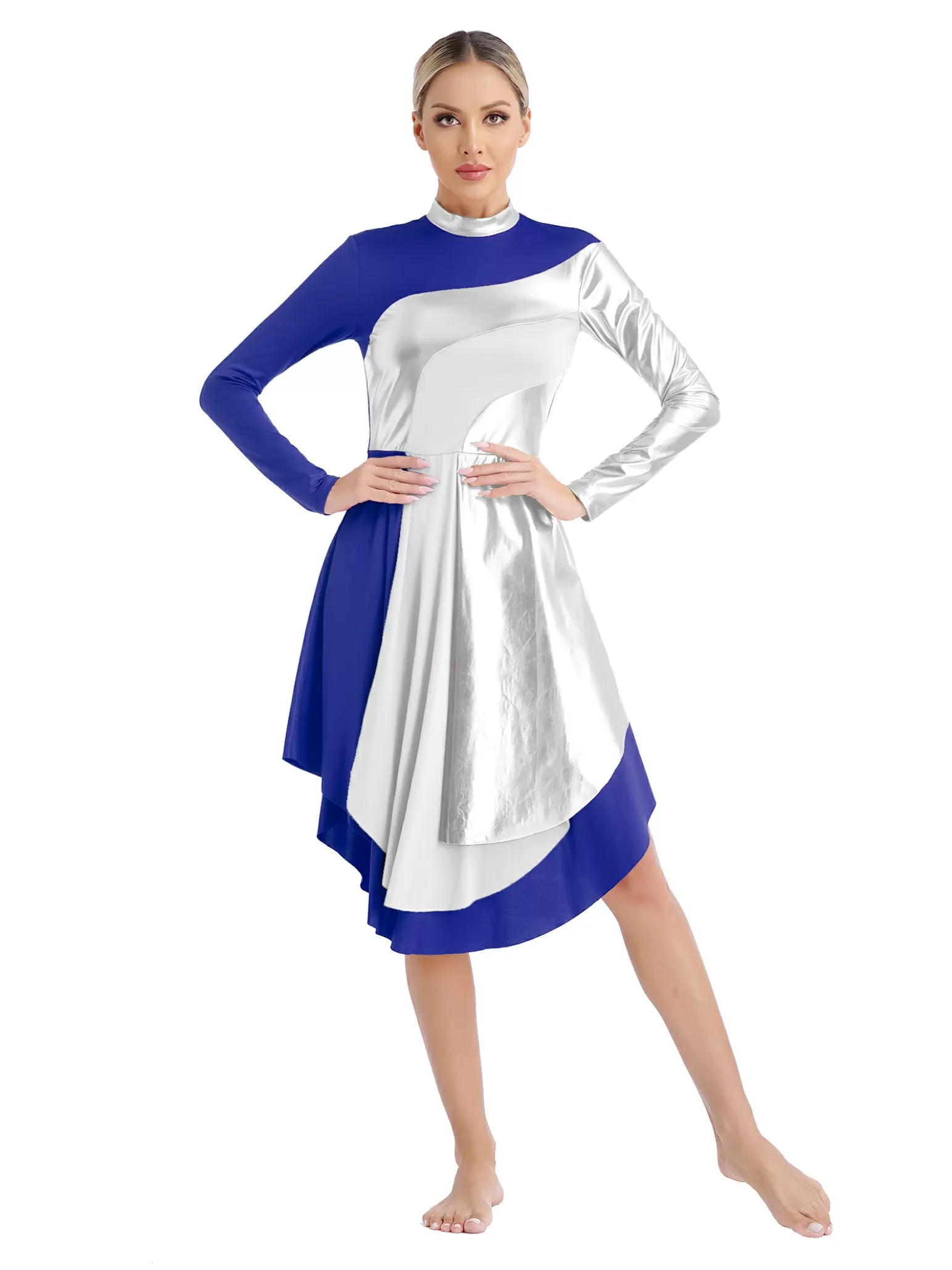 Women Mock Neck Long Sleeve Metallic Liturgical Worship Dance Dress